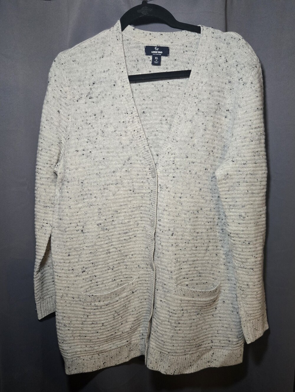 Lands End 100% Cashmere Speckled Cream Open-Front Cardigan Sweater - XL